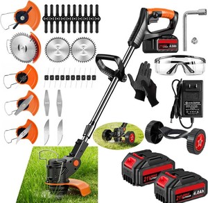 Cordless Weed Trimmer,Battery Powered with  2 21V 4.0Ah Electric Weed Eater Brush Cutter with 4 Types Blades, Adjustable Cutting Angle &Height Edger Lawn Tool for Garden and Yard