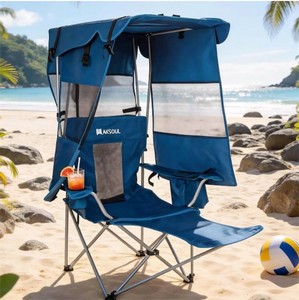 AKSOUL Folding Camping Chair with Shade Canopy Camp Chairs with Umbrella for Adults,Portable Beach Chairs with Cup Holder, Side Pocket for Lawn, Sports, Tailgates, Fishing - Support 330 LBS,Blue
