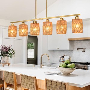 $123 Rattan pendant lights for kitchen island,6-Light Boho Coastal Chandelier Gold,Bohemian Rustic Pendant Light Fixture for Dining Room,Height Adjustable,Farmhouse Woven Hanging Lights Over Table.