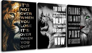 QYHART Lion Perseverance 3 Piece Canvas Wall Art Office Wall Decor Poster