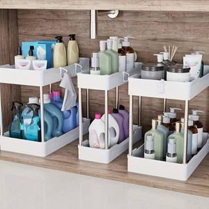 Generic 3pcs Under Sink 2-layer Storage Rack, Kitchen Bathroom Under Sink Organizer, Cleaning Supplies Toiletries Storage Rack, Under Cabinet Storage Rack, Storage with Hooks, 3 Sizes (White)