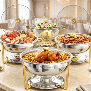 $190 9QT Round Chafing Dishes for Buffet, 4 Pack Gold Chafer Set