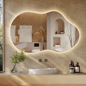 $170 Irregular LED Bathroom Mirror with Lights, 40 x 24 Inch Asymmetrical Led Bathroom Vanity Mirror for Wall, Anti-Fog, Dimmable, Memory Function, Shatter-Proof, 3 Colors, HorizontalVertical