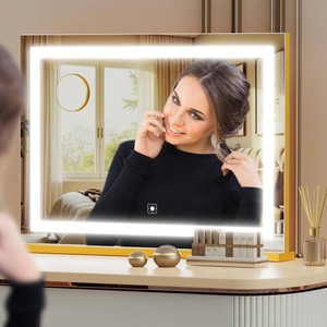 Gvnkvn Makeup Vanity Mirror with USB Charging Port 24 x 19 Large LED Makeup Mirror, Desk Mirorr with Lights, Light up Mirror with 10X Magnification and, Dimmable 3 Modes, Touch Control Gold