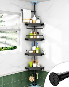 ALLZONE Corner Shower Caddy Tension Pole, Extendable Rustproof Stainless Steel Pole & 4-Tier Adjustable Shelves for Easy Drainage and Built-to-Last Stability, 34 to 116 Inches, Black