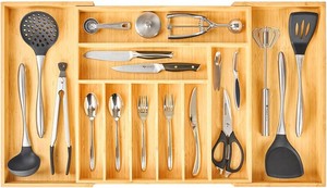 Umilife Extra Large Expandable Kitchen Siverware Utensils Drawer Organizer, 19 Deep for Big Drawer, Adjustable Bamboo Wood Drawer Divider with Curved Grooves, Cutlery Tray Flatware Holder