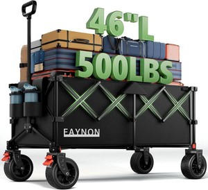 46 L Collapsible Foldable Extended Wagon, 500LB Weight Capacity with 280L Heavy Duty Folding Cart,Utility Wagon with All-Terrain Beach Wheel & Drink Holders,Black