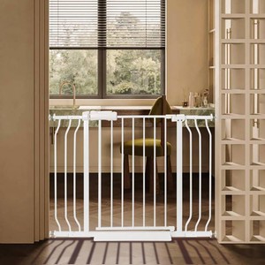 Baby Gate for Stairs No Drill 38.58-43.31 Inch, Pressure Mounted Metal Child Safety Dog Gates for Doorways, Walk Through Pet Indoor Auto Close, White