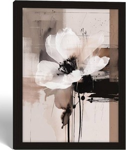 Framed Floral Wall Art Light Beige And Black Ink-Wash Style Flower Print Poster Painting Picture Gallery Style Canvas Print Living Room Bedroom Wall Decoration 16x24 Inches