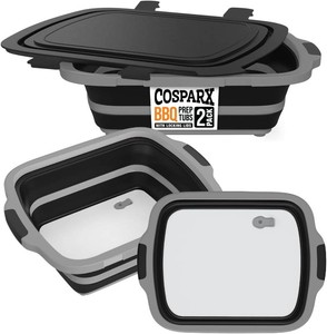 2-Pack XL Collapsible BBQ Prep Tub with Built-In Cutting Board, Lid & Strainer   Marinate, Drain & Prep   Large Food-Safe Container   Perfect for Grilling, Smoking & Outdoor Cooking (Black)