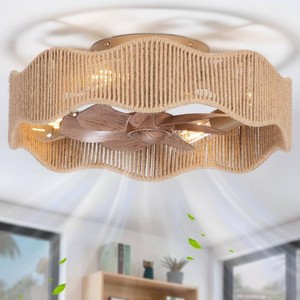 SHLUCE 18 Boho Fandelier Ceiling Fan with Light Flush Mount, Caged Low Profile Ceiling Fan with Light, Small Rattan Bladeless Ceiling Fans with Lights and Remote Control for Bedroom, Nursery - ETL