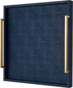 Large Navy Blue Decorative Tray for Ottoman,Stylish Rectangle Coffee Table Tray with Handles,Versatile Serving Tray for Living Room and Home Decor