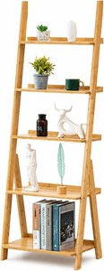 Maydear Bamboo Ladder Shelf Bookcase, 5-Tier Leaning Bookshelf Free Standing Organizer Storage Shelves for Living Room, Bedroom, Kitchen, Home Office, Balcony, Natural Wood