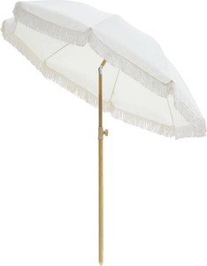 6.5FT Boho Patio Umberlla with Fringe,UPF50 Outdoor Umbrella with Fiberglass Ribs and Push Button Tilt,Tassels Umbrella for Beach,Terrace,Picnic