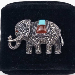 Sterling Silver Elephant Marcasite Amber Turquoise BroochPendant