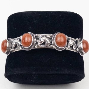 STUNNING Sterling Silver Carnelian Horse Motif Cuff Bracelet