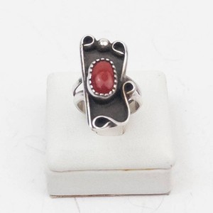 Art Deco Sterling Silver Red Coral Ring Size 4