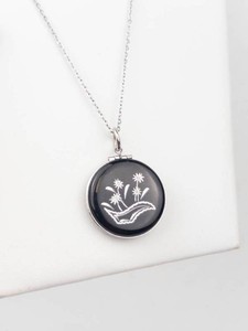 Round Black Enamel Floral Locket Pendant Necklace