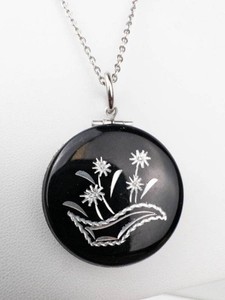 Round Black Enamel Floral Locket Pendant Necklace