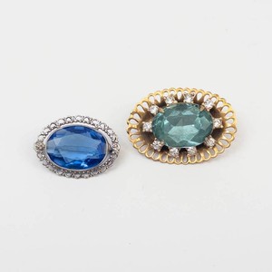 Jeweled Brooches With Blue and Green Center Stones (Lot of 2)