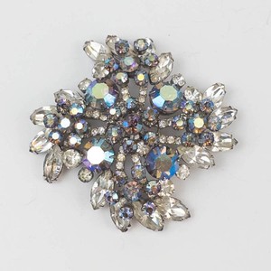 Silver-Tone Aurora Borealis Rhinestone Floral Brooch Pin