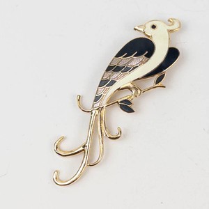 Gold-Tone Enamel Bird Brooch With Feather Detail