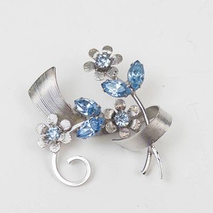 Blue Rhinestone Floral Brooch