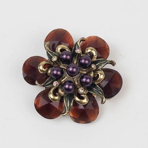 Flower Brooch With Amber Brown Petals and Purple Beads