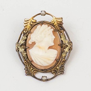 Gold-Tone Cameo Brooch With Ornate Foliate Frame