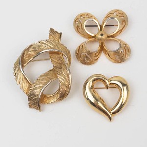 Gold-Tone Fashion Brooches - Leaf, Flower & Heart (Lot of 3)