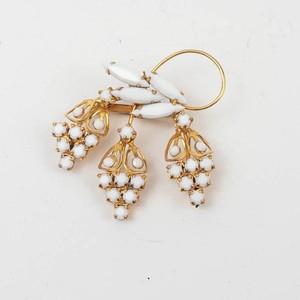 Gold-Tone Costume Jewelry Brooch With White Glass Bead Dangles