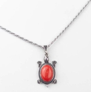 Silver-Tone Turtle Pendant Necklace With Red Cabochon
