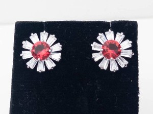 Silver-Tone Flower Stud Earrings With Red Center Stones