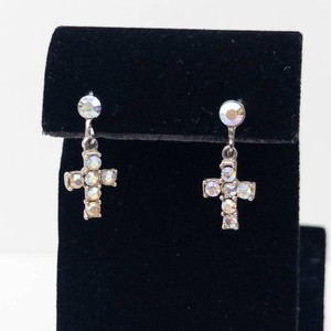 Silver-Tone Rhinestone Cross Dangle Earrings