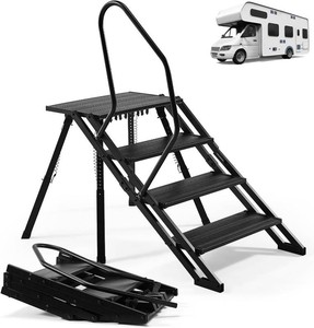 $370 RV Steps Foldable, Aluminum Portable 4 Step Camper Steps with Handrail Adjustable Height with Non Slip Feets for 5th Wheel RV, Travel Trailer, Home, Camper, Spa, Hot Tub Steps, and Porch