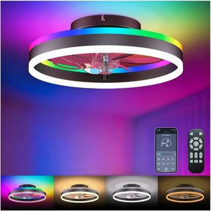 RGB Ceiling Fan with Lights, Low Profile Ceiling Fans with Lights and Remote, Flush Mount LED Fan Light, Modern Bladeless Fandelier for Bedroom Works with APP, 16IN Black