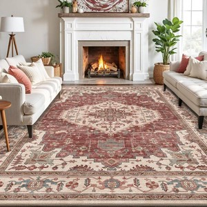 $180 LUMI 8x12 Washable Area Rug for Living Room Bedroom, Vintage Red