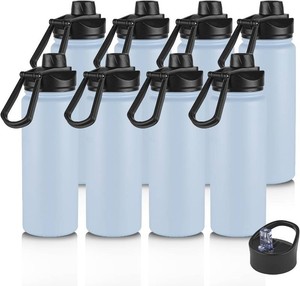 5 PACK 24oz Insulated Water Bottle with Straw Lid, Stainless Steel Metal Water Bottle with Straw & Wide Mouth Lid, Double Wall Vacuum Water Bottle for Hiking Camping, Light Blue