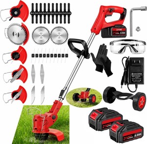 Cordless Weed Trimmer,Battery Powered with  2 21V 4.0Ah Electric Weed Eater Brush Cutter with 4 Types Blades, Adjustable Cutting Angle &Height Edger Lawn Tool for Garden and Yard (red)