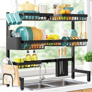 Sakugi Over The Sink Dish Drying Rack - Adjustable 3 Tier XX-Large Capacity Stainless Steel Drainer with Cutlery & Utensil Holders, Kitchen Storage & Organization, 31.5-39.5L x 12W x 30.5H, Black