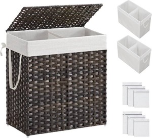 SONGMICS Laundry Hamper with Lid, 110L Double Wicker Basket, 6 Mesh Bags