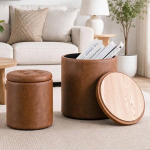 Round Ottoman with Storage Set of 2, 12.6W x 14.17H & 14.76W x 17.32H Faux Leather Button Tufted Storage Ottoman, Boucle Vanity Stool Footrest Coffee Table for Living Room, Bedroom, Brown