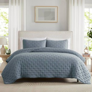 WDCOZY Dusty Blue Cloud King Size Quilt Set, Tan Lightweight Farmhouse Bedspread, Rustic Country Coverlet, Taupe Camel Soft Bedding, Thin Comforter for All Season - 3 Pieces, 104x90 inches