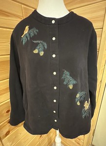 Classic Elements Woman-Black Embroidered Cardigan Sweatshirt-Pearl style snaps-Size 20-22W