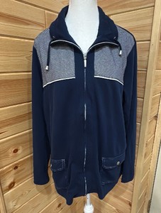 Breckenridge Woman- Blue Full-Zip Jacket with White and Blue Striped Patterned Panels-Buttoned Front Pockets-Size 2X