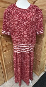 Kathie Lee-Womens-Vintage Red Ditsy Floral Print Dress with Striped Trim Accents along the Waist and Sleeves-Size 22W