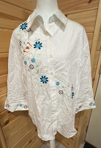 CJ Banks-Womens- NWT -White Button-Down Shirt with Colorful Floral Long Sleeves.  Size 2X