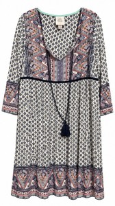 Knox Rose Womens Boho Mixed Print Tunic Dress 34 Sleeve Tassel Tie - XL