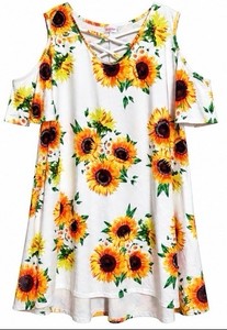 Bluetime Womens 2XL Sunflower Print Cold Shoulder Swing Dress White