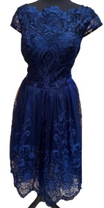 Chi Chi London brand - Womens April Baroque Lace Midi Dress in Navy Blue. Size 12.